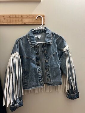 Forever 21 Blue Denim Fringe Cropped Jacket